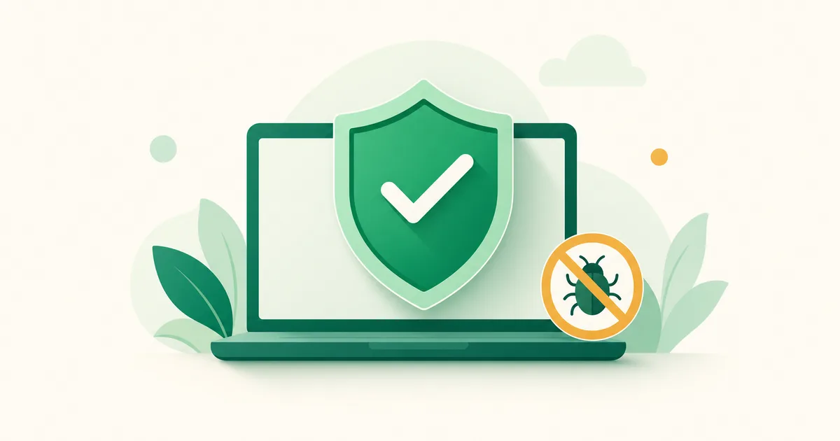 Tela de notebook com escudo de proteção e cadeado verde indicando PC seguro
