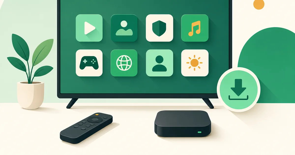 Aparelho de TV Box conectado a uma televisão exibindo a tela inicial do Android TV